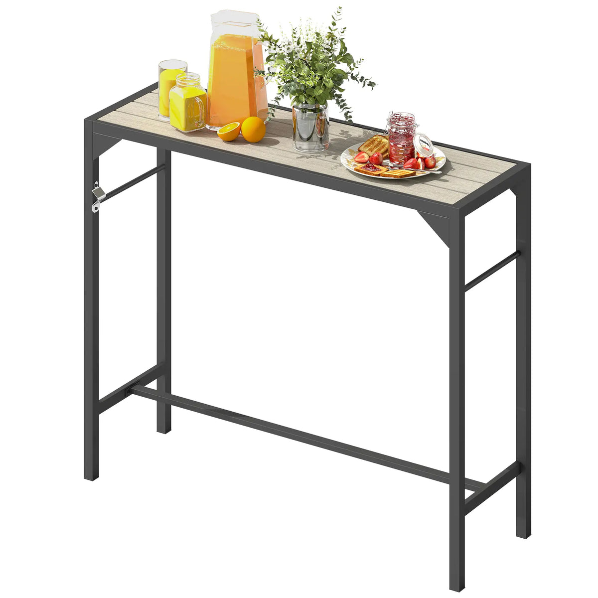 Table de bar d'extérieur avec ouvre-bouteille intégré, plateau en plastique imitation bois, 120 cm x 38 cm x 99 cm