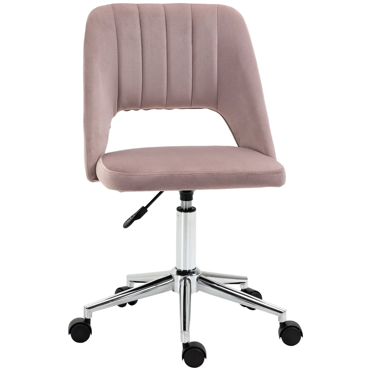 Chaise de bureau à dossier mi-haut, pivotante, en velours rose, avec assise festonnée. Revêtement en velours.