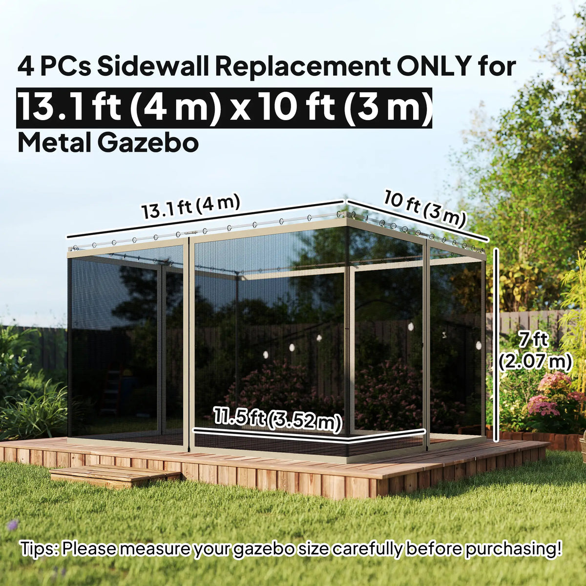 Moustiquaire de rechange pour gazebo 3 x 4 m, parois noires avec fermetures éclair, kaki