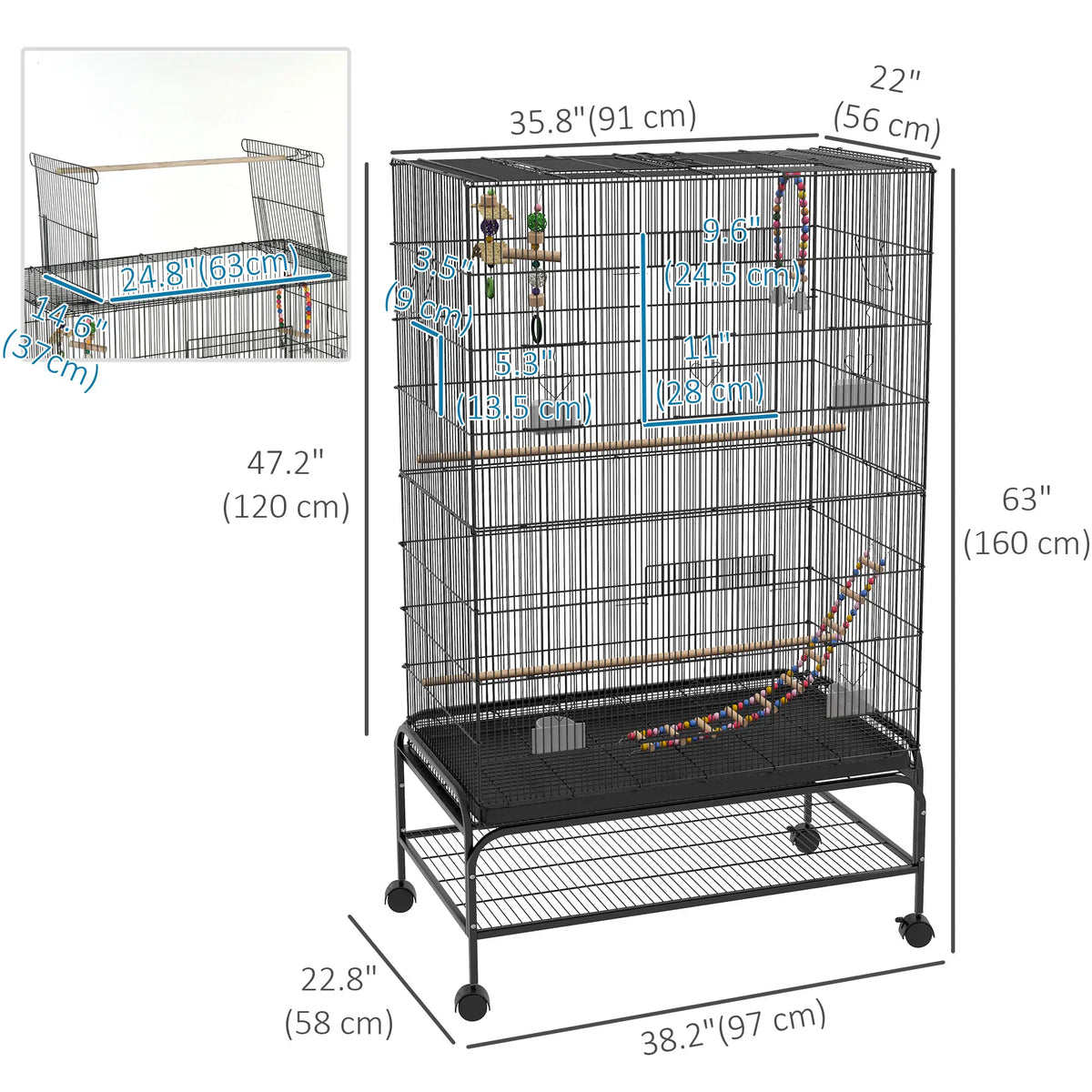 Cage à oiseaux 63" avec dessus ouvert pour perruches ondulées, calopsittes, inséparables et pinsons, support, jouets, plateau amovible et étagère de rangement