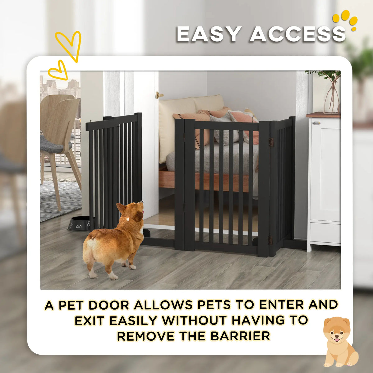 Barrière pour animaux de compagnie à 4 panneaux en bois autoportante avec porte ouvrante, noire