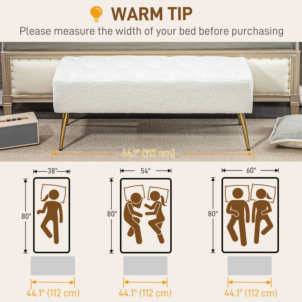Banc de chambre 44" (112 cm) en tissu aspect laine d'agneau, avec coussin épais et pieds en acier, blanc crème