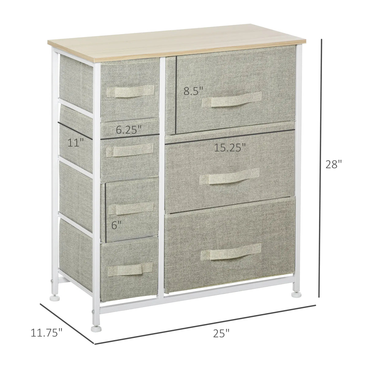Commode à 7 tiroirs, structure en métal, revêtement en tissu, gris clair, idéale pour le salon.