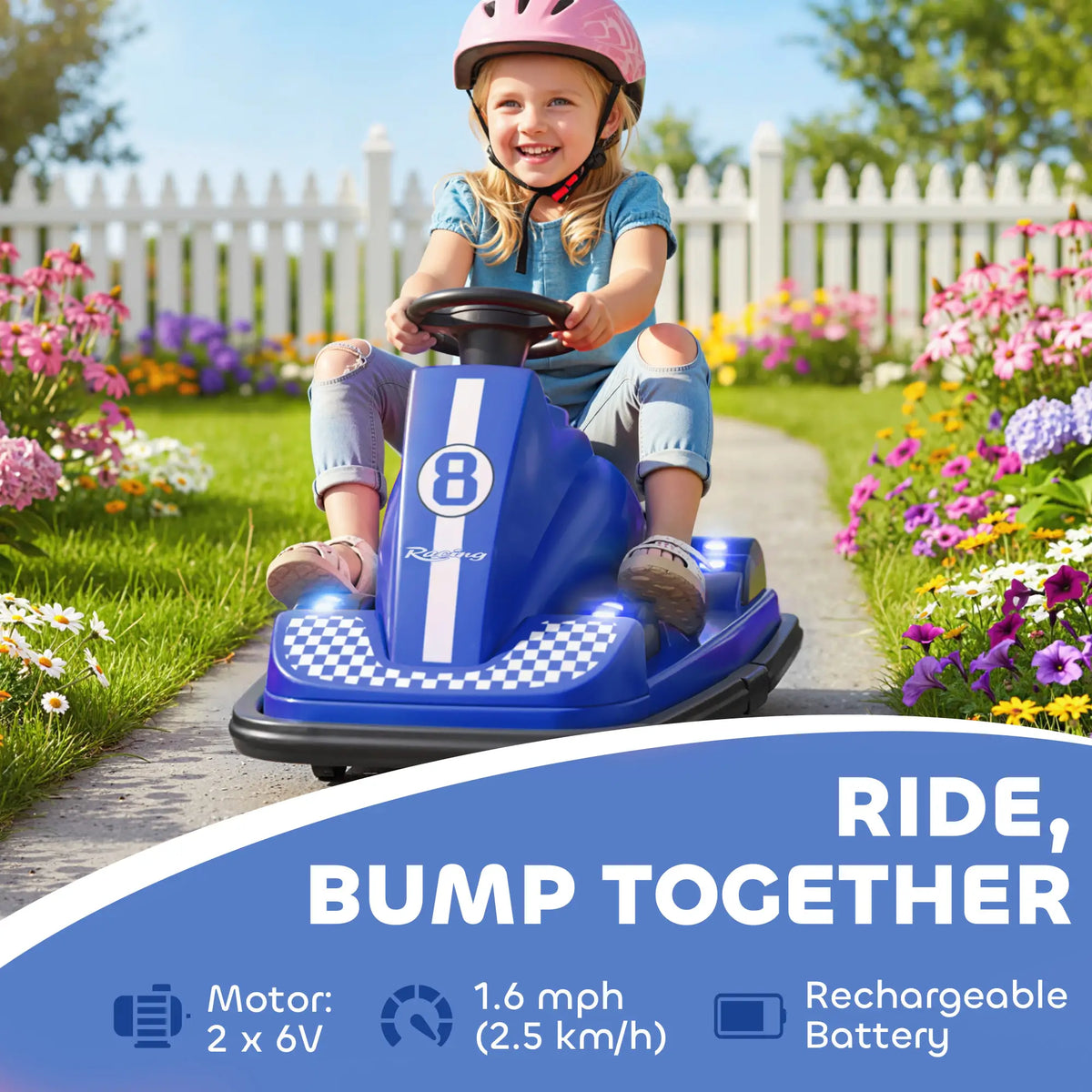 Voiture tamponneuse pour enfants, 6 V, avec rotation à 360°, double moteur et musique, pour les 3-8 ans, bleue.