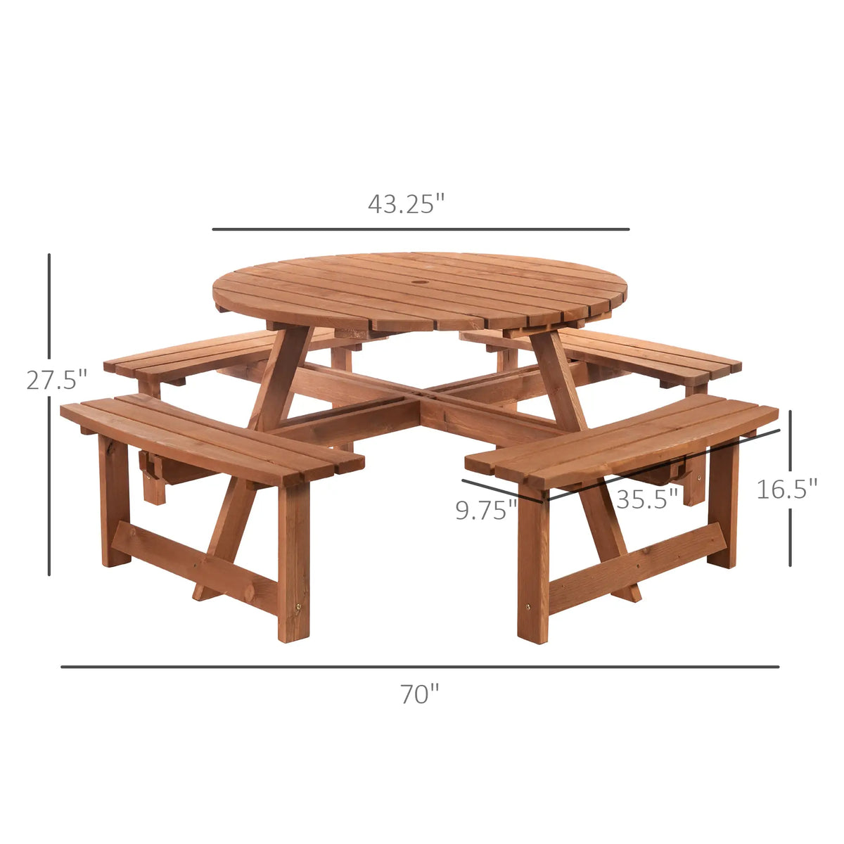 Ensemble repas de patio  : table de pique-nique et banc rond en bois 8 places (parasol non inclus).