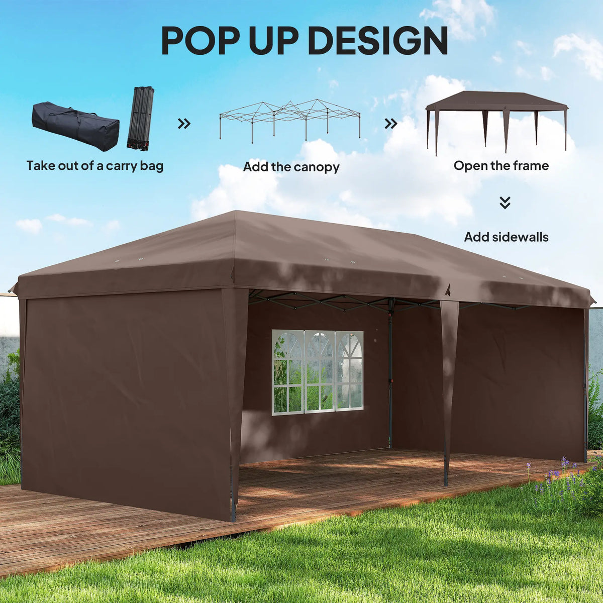 Tente pliante d'extérieur 3 x 6 m avec sac de transport, couleur café