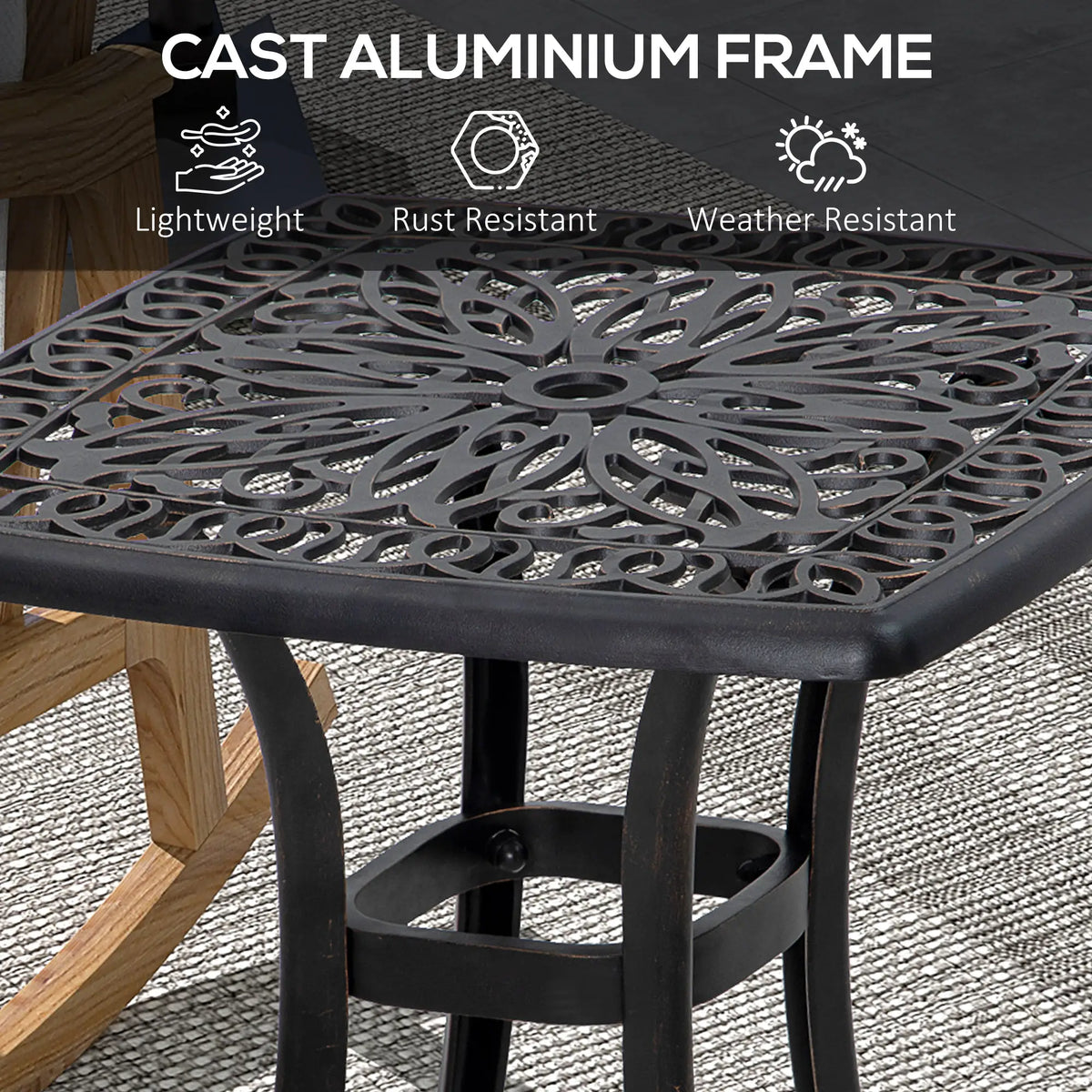 Table d'appoint carrée d'extérieur 53 cm (21 po), table de patio en aluminium moulé avec trou pour parasol, idéale pour le jardin, le balcon ou la piscine, couleur bronze.