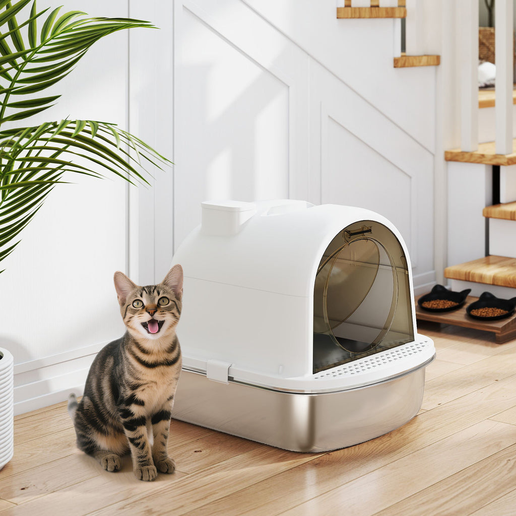 Bac à litière fermé en acier inoxydable, bac à litière en métal pour chat avec pelle, sac désodorisant, poignée, facile à nettoyer
