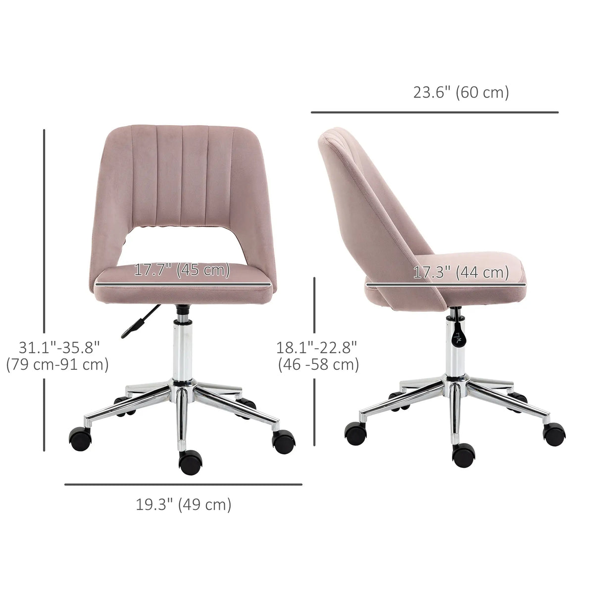 Chaise de bureau à dossier mi-haut, pivotante, en velours rose, avec assise festonnée. Revêtement en velours.