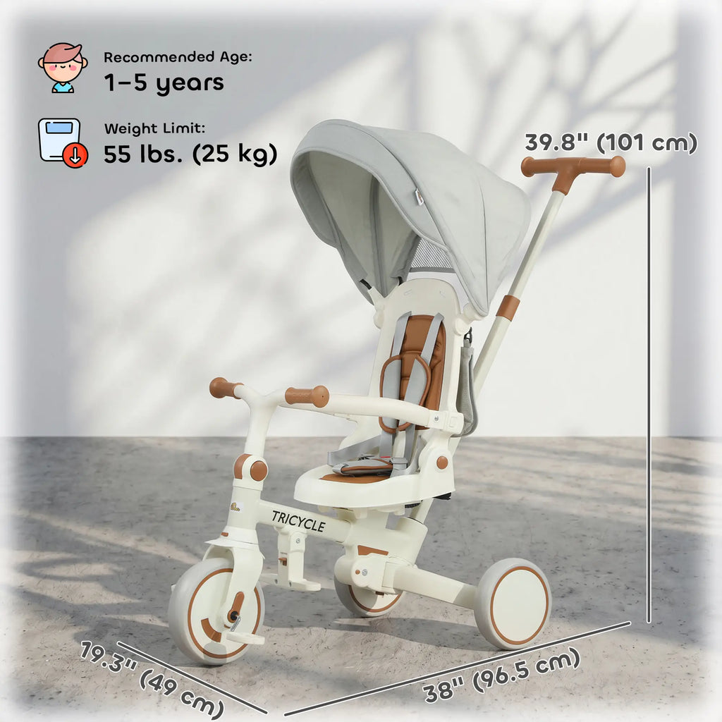 Tricycle 7 en 1 pour tout-petits avec harnais de sécurité, poignée parentale réglable et amovible, capote, sac de rangement et frein, blanc crème