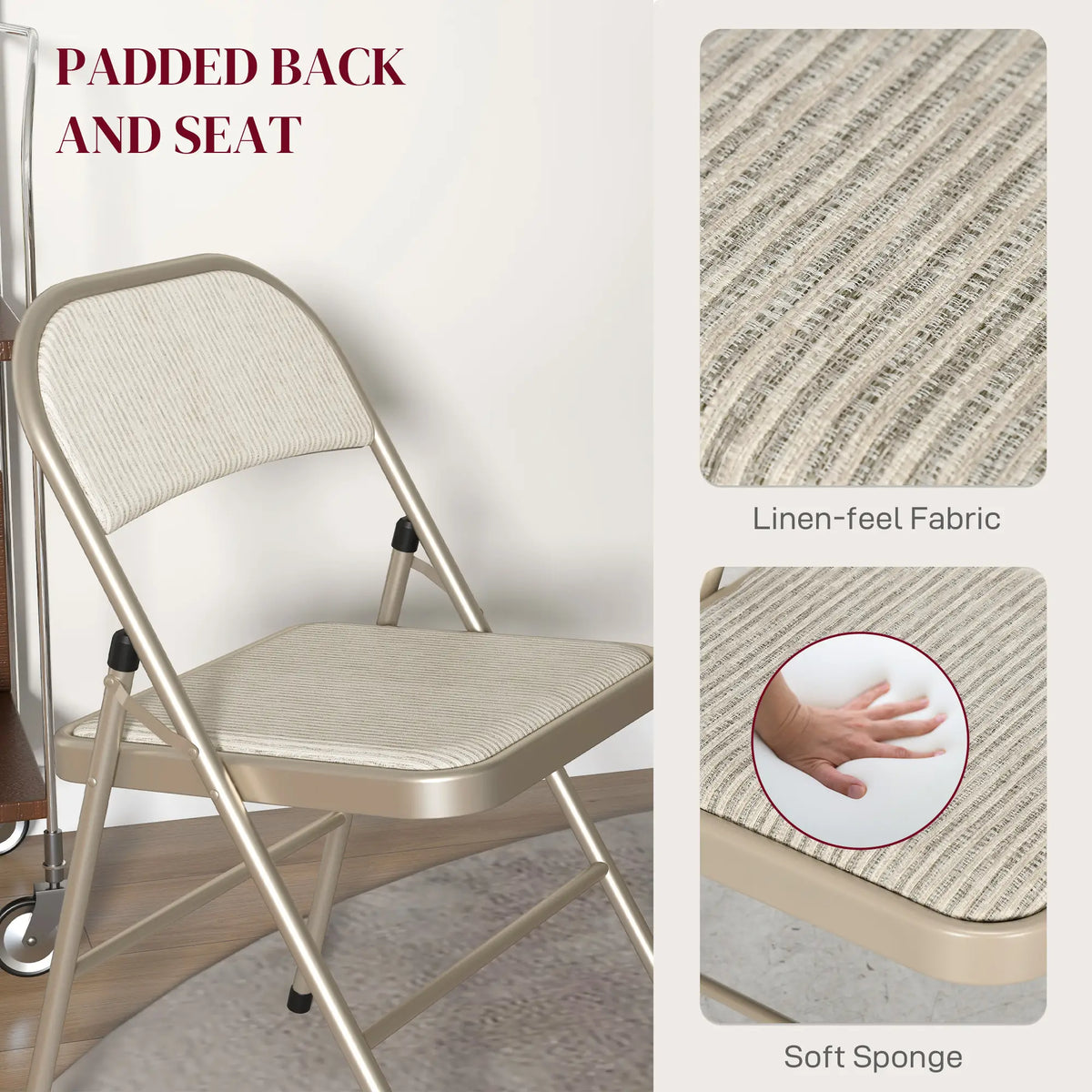 Ensemble de 4 chaises pliantes en métal, rembourrées en lin avec assise et dossier ajouré, pour l'intérieur, beige