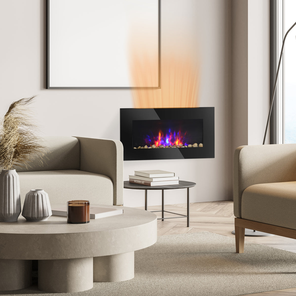 Cheminée murale, cheminée électrique moderne de 72,4 cm (28,5 pouces) avec effet de flamme LED breveté et 9 couleurs, noire