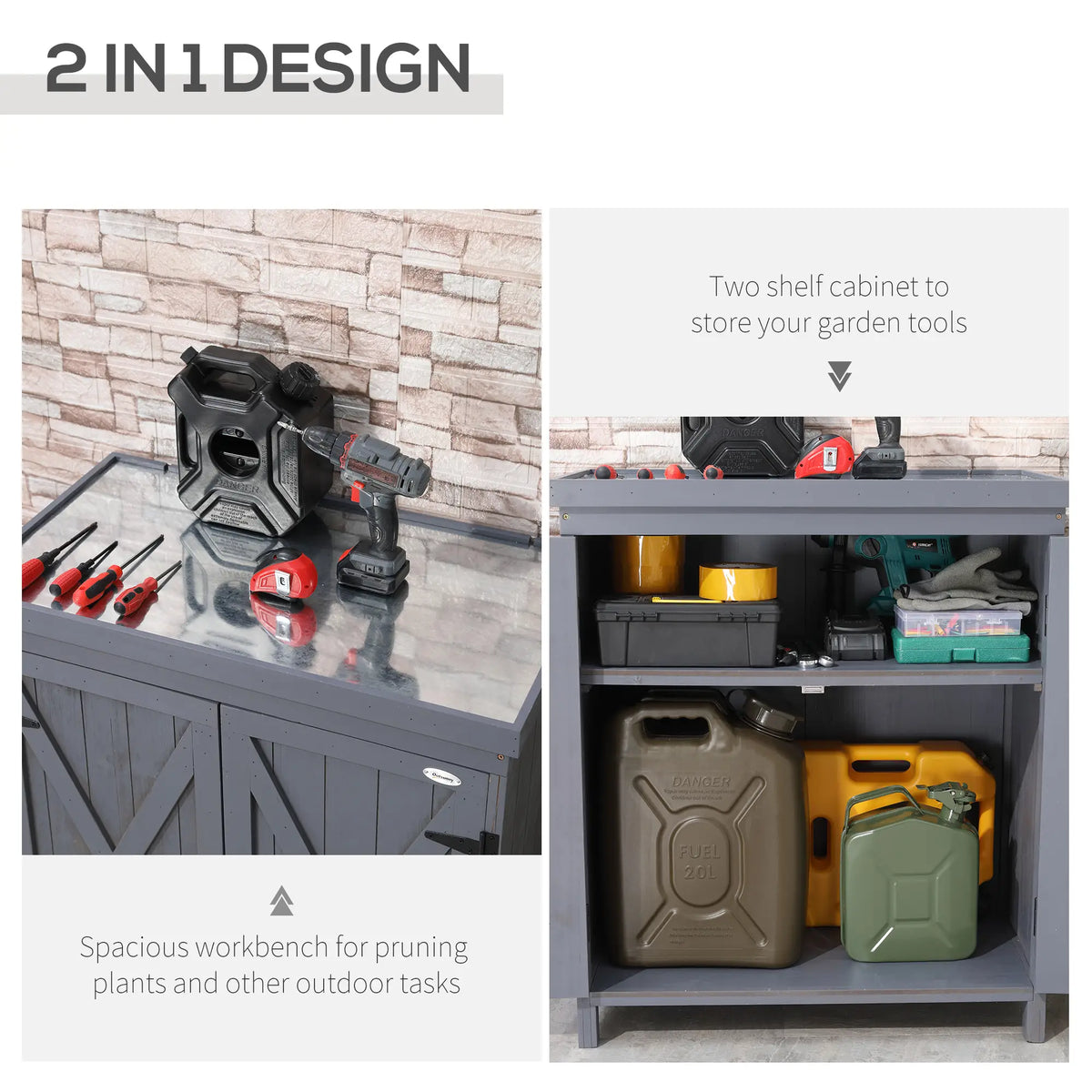 Armoire de rangement de jardin, abri de jardin avec plateau galvanisé et deux étagères pour outils de jardin ou accessoires de piscine, gris