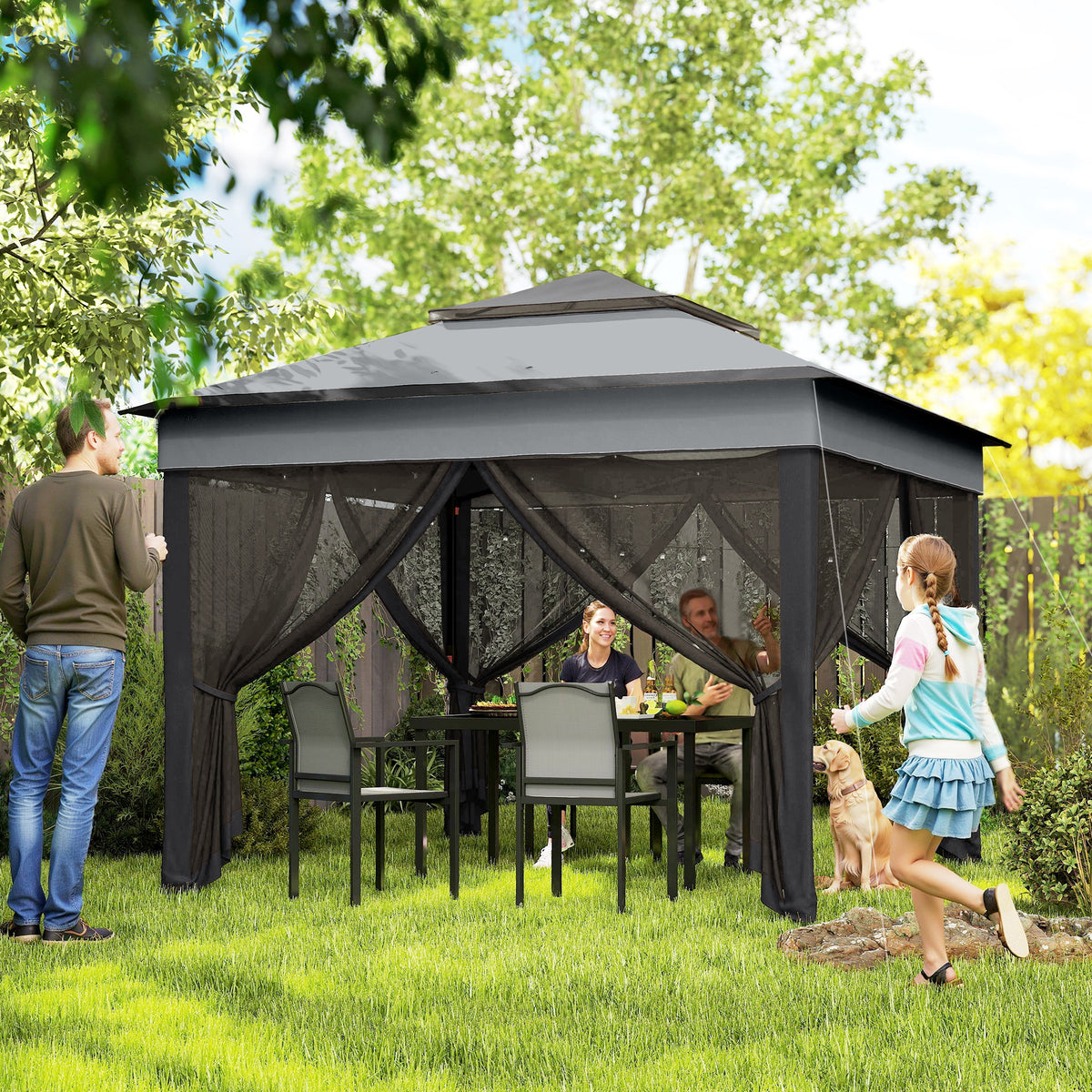 Gazebo pliant 3,26 x 3,26 m, abri solaire instantané réglable avec toit anti-UV30+, rideaux en maille amovibles, gris foncé