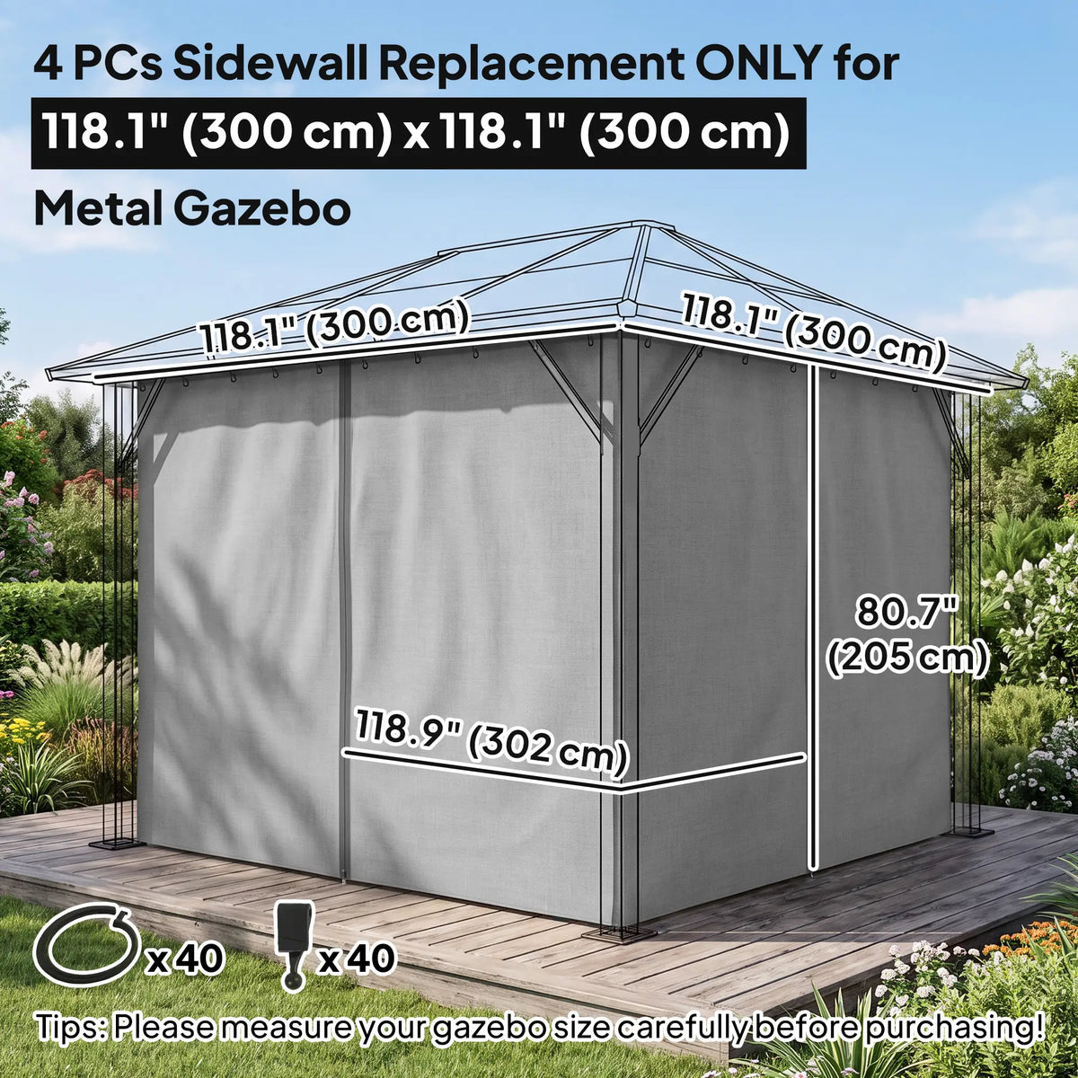 Rideaux de gazebo, rideau de remplacement universel pour intimité, 3 m x 3 m, 4 panneaux latéraux avec crochets/anneaux en C, gris clair