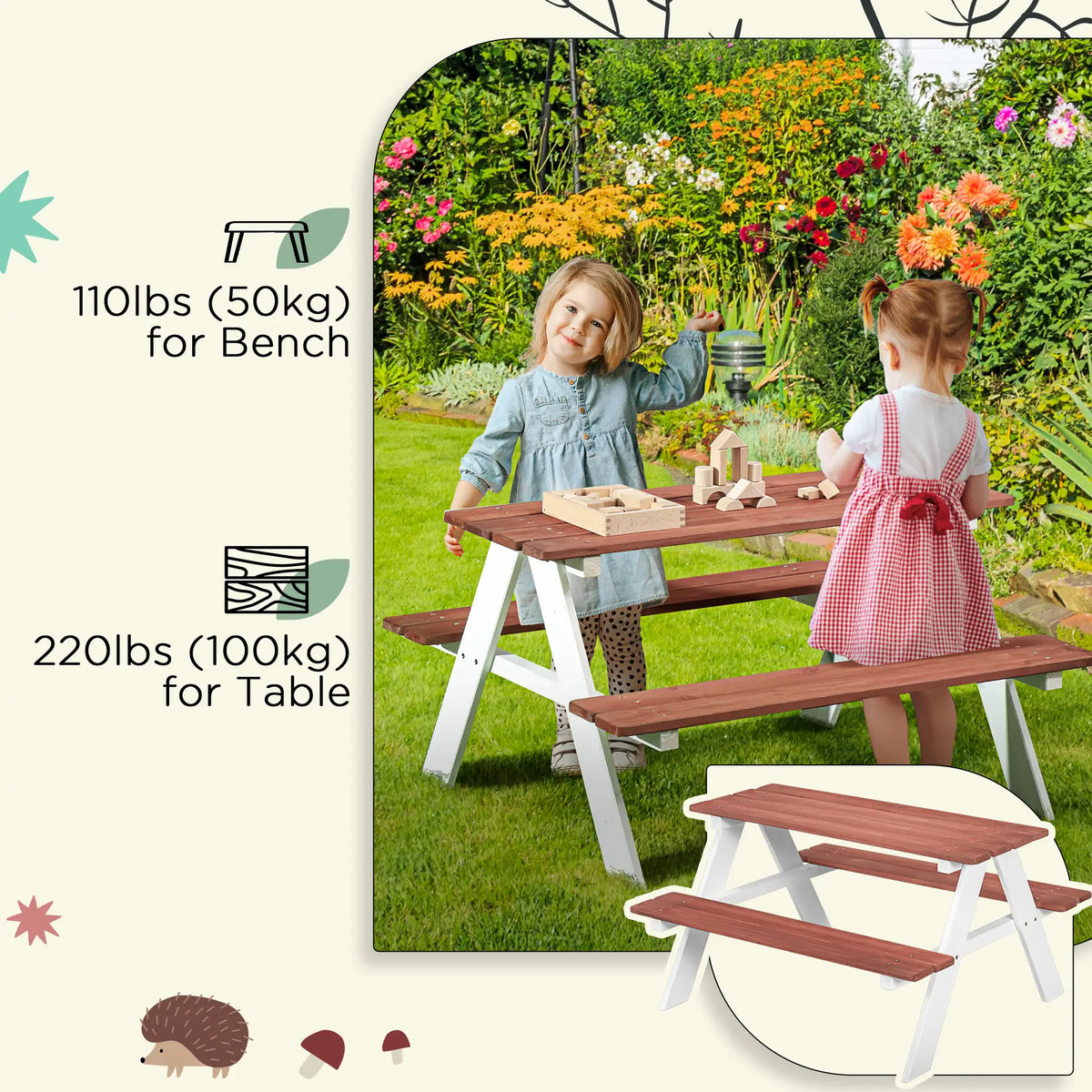 Ensemble de table et bancs de pique-nique en bois pour 4 enfants de 3 à 8 ans, Kids Outdoor Table, montage facile, bois naturel