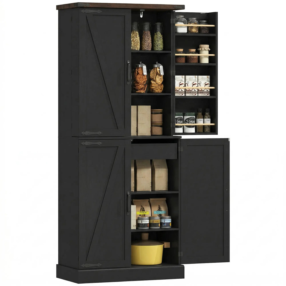 Armoire de cuisine de 183 cm de haut, style ferme, avec 8 portes et étagères réglables, noire