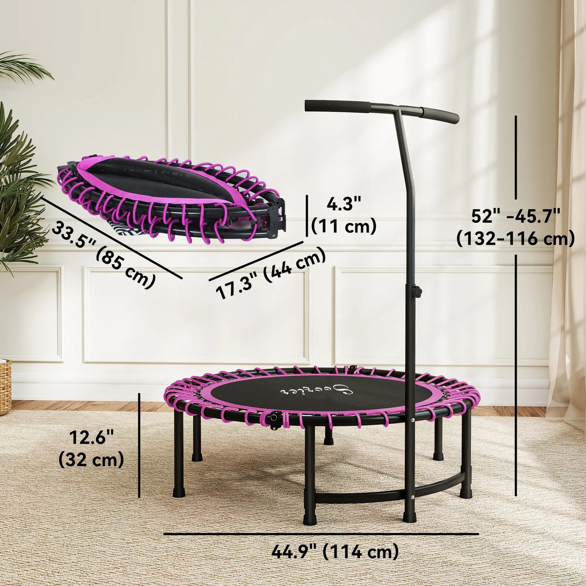 Mini trampoline 45" pour adultes, pliable et avec poignée réglable.