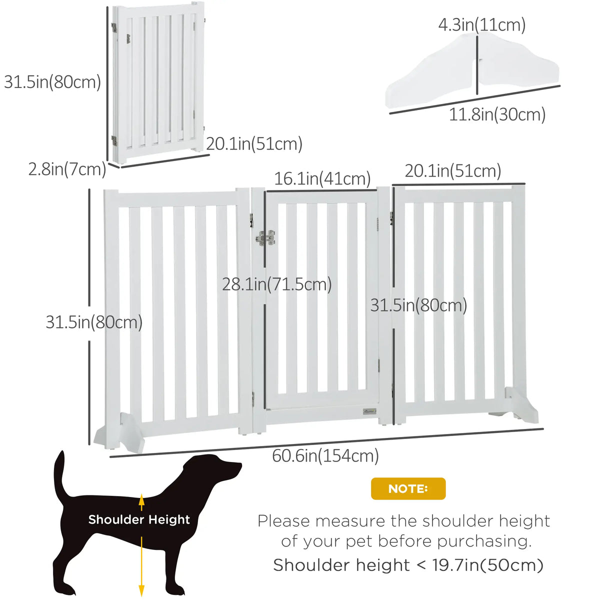 Barrière pour chien pliable 80 cm (31,5 po) de hauteur avec porte, 3 panneaux, autoportante, avec pieds de support, idéale pour les chiots et les chiens de petite et moyenne taille, blanche