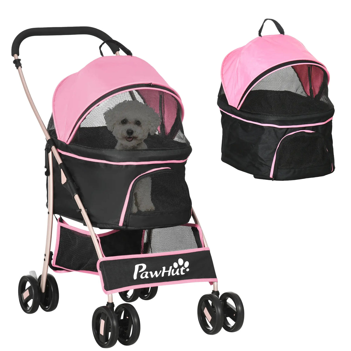 Poussette pour animaux de compagnie à 4 roues, 3 en 1, pliable et idéale pour les petits chiens. Elle est équipée d'un frein, d'une capote, d'un panier et d'un sac de rangement. Couleur : rose.