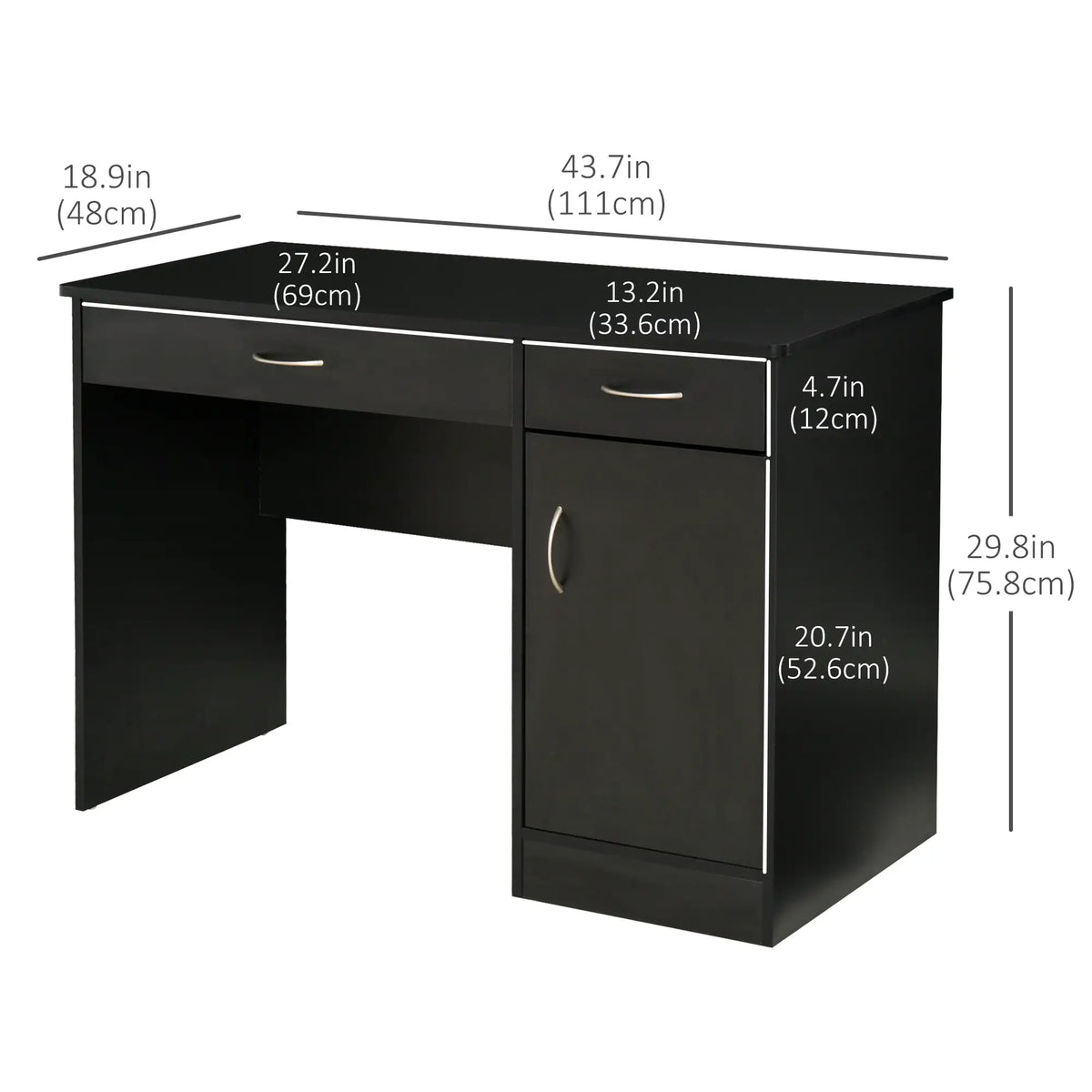 Bureau d'ordinateur avec tiroirs de rangement, table d'étude avec étagère réglable pour bureau à domicile ou chambre, noir