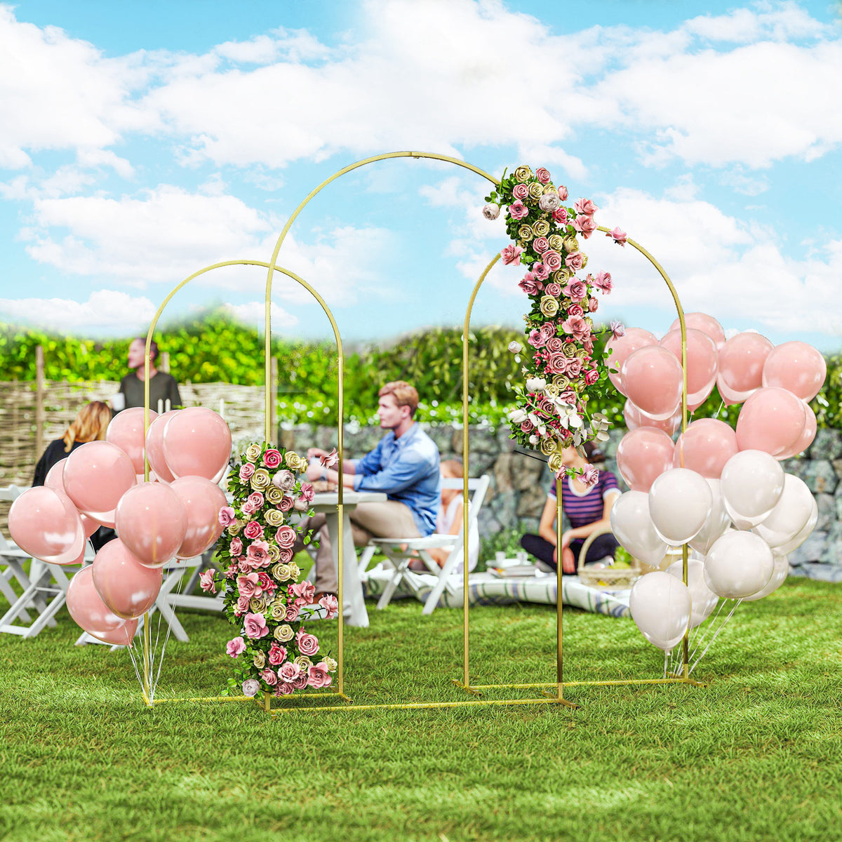 Arche de mariage, ensemble de 3 supports en métal pour ballons (2,13 m / 1,98 m / 1,83 m) pour anniversaire, enterrement de vie de jeune fille, remise de diplômes, cérémonie, banquet, couleur or