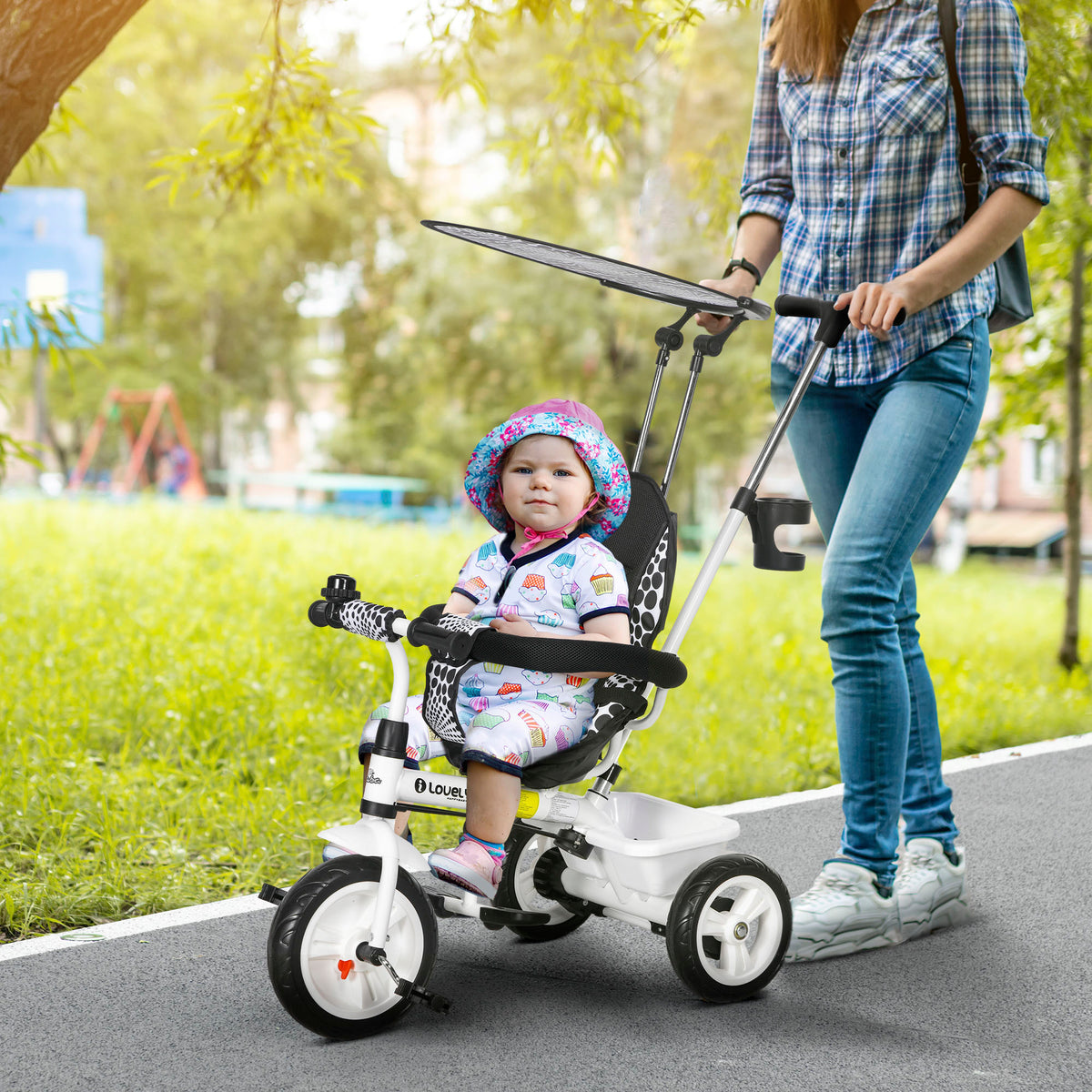 Tricycle enfant 6 en 1 avec guidon et capote amovibles, blanc