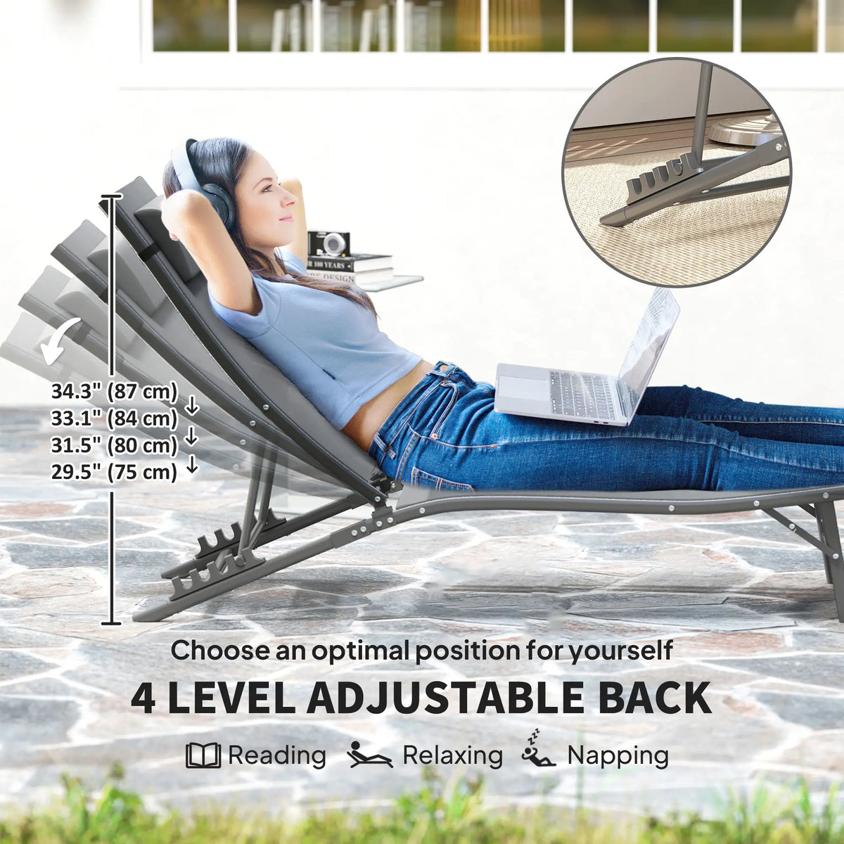 Ensemble de 2 chaises longues pliantes d'extérieur avec dossier et appui-tête réglables, assise en maille, pour la plage et la piscine, gris