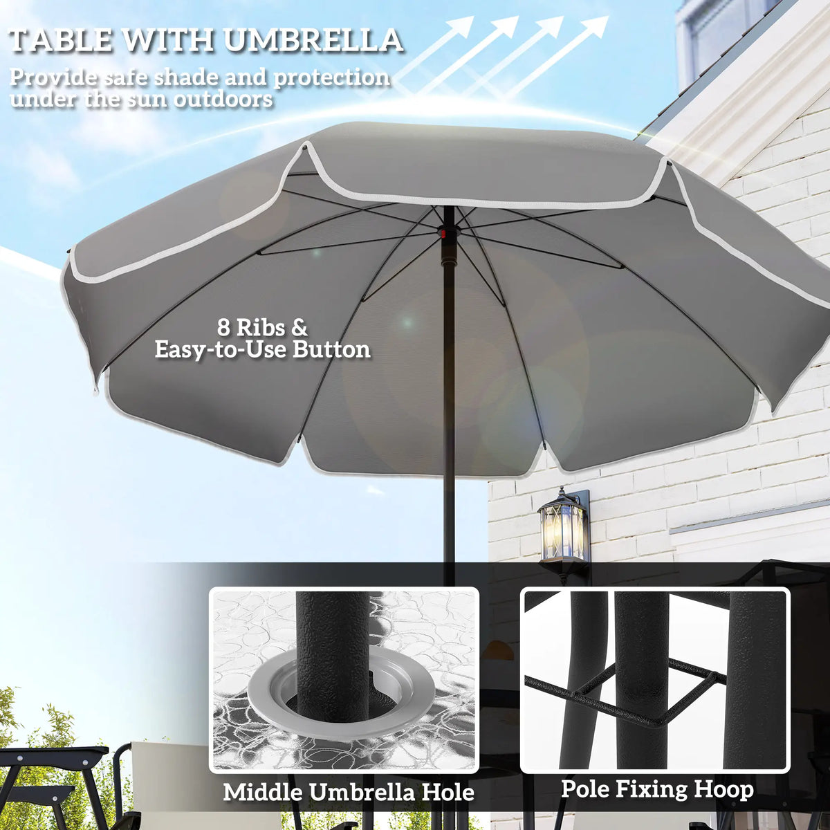 Ensemble de salle à manger de patio 6 pièces avec parasol, chaises pliantes et table en verre pour jardin ou terrasse, blanc crème