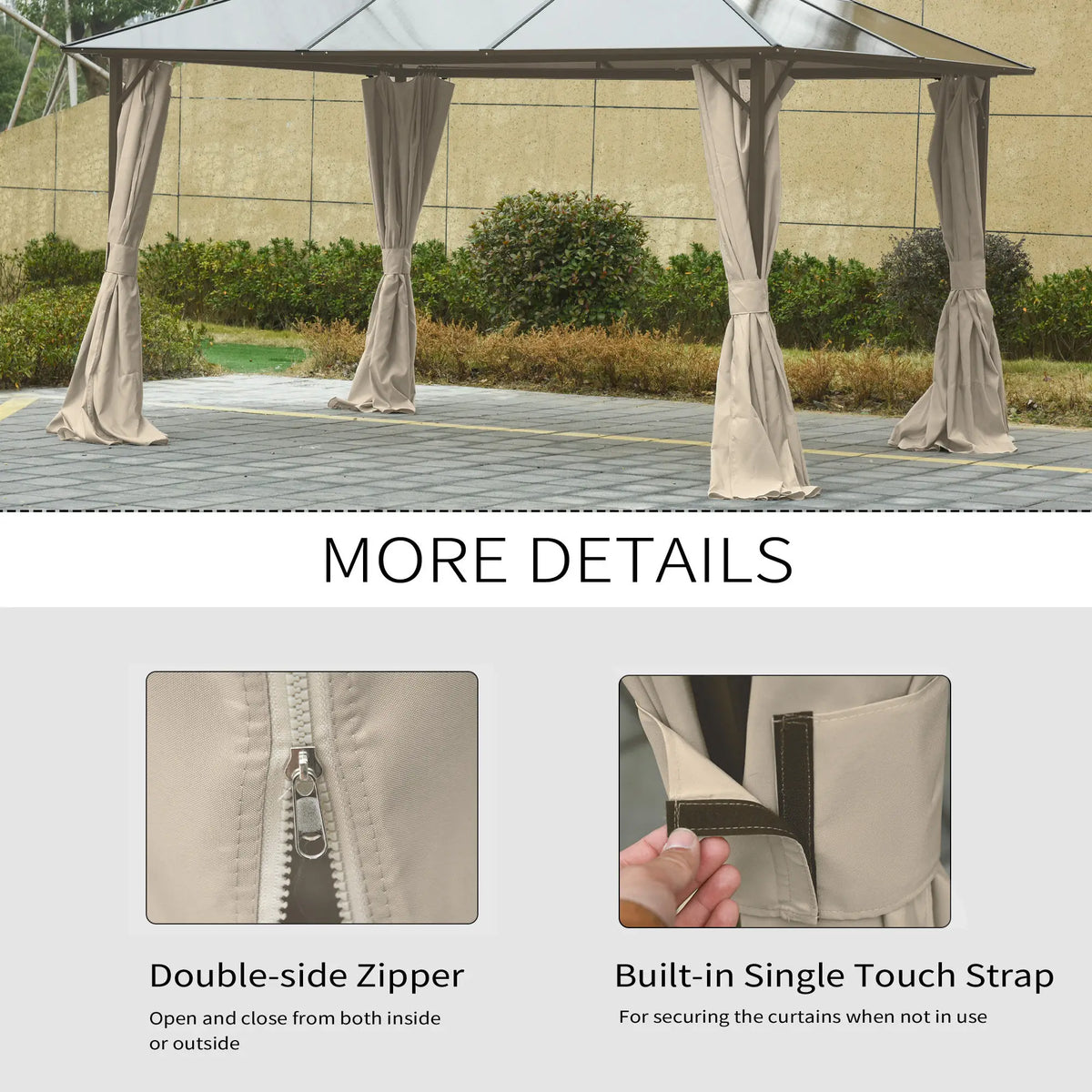 Rideaux de gazebo, rideau de remplacement universel pour intimité, 3 m x 3,6 m, 4 panneaux latéraux avec crochets/anneaux en C, beige