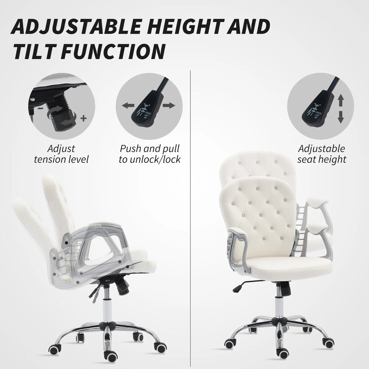 Chaise de bureau avec hauteur réglable et dossier capitonné, blanc crème