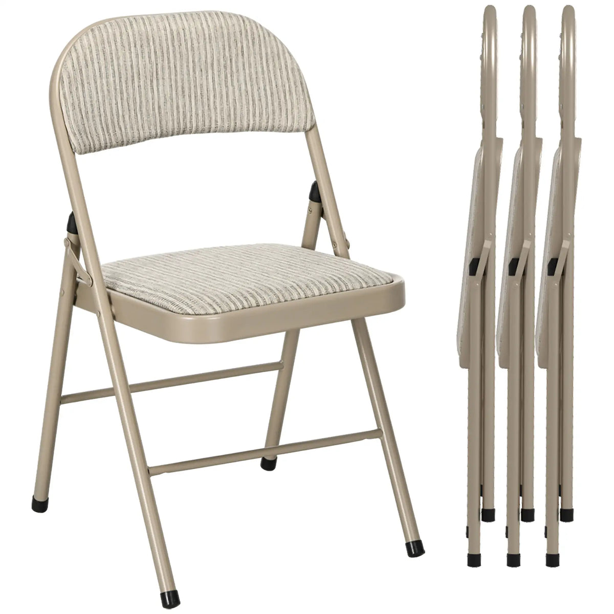 Ensemble de 4 chaises pliantes en métal, rembourrées en lin avec assise et dossier ajouré, pour l'intérieur, beige