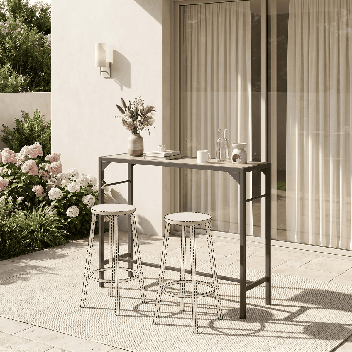 Table de bar d'extérieur avec ouvre-bouteille intégré, plateau en plastique imitation bois, 120 cm x 38 cm x 99 cm