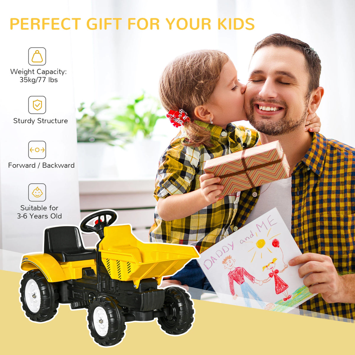 Tracteur à pédales pour enfants, avec godet à commande manuelle, jaune, pour les enfants de 3 ans et plus.