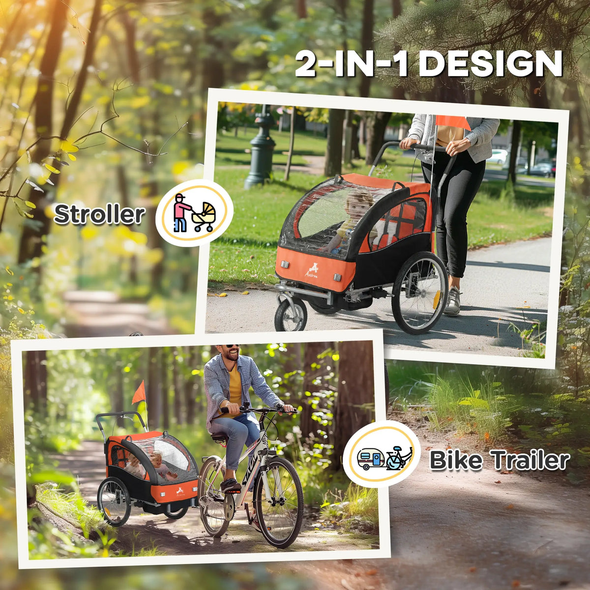 Remorque vélo 2 en 1 pour enfants, poussette pliable 2 places avec harnais 5 points, roues en caoutchouc, sac de rangement, orange