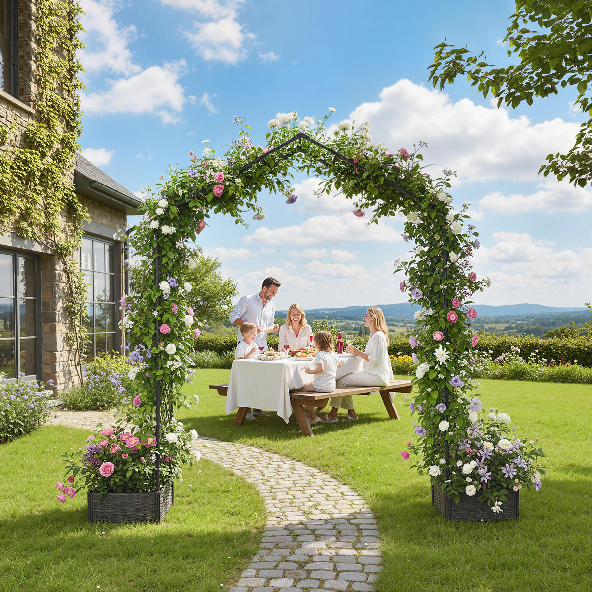 Arche de jardin avec treillis et 2 jardinières, 230 x 40 x 224 cm, noire