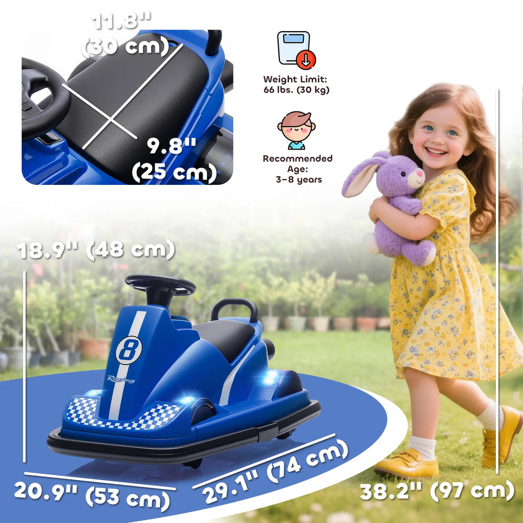 Voiture tamponneuse pour enfants, 6 V, avec rotation à 360°, double moteur et musique, pour les 3-8 ans, bleue.
