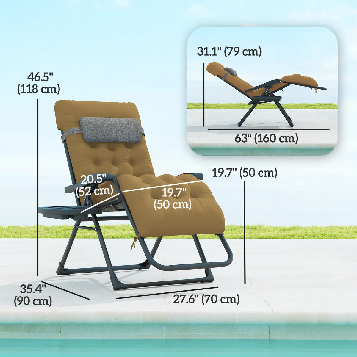 Fauteuil inclinable pliant rembourré, chaise longue de patio avec porte-gobelet, dossier réglable, coussin amovible, kaki clair