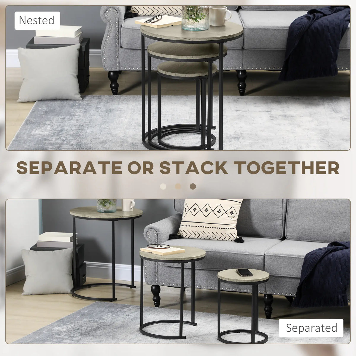 Ensemble de 3 tables gigognes, table basse ronde, tables d'appoint empilables avec structure en acier pour salon