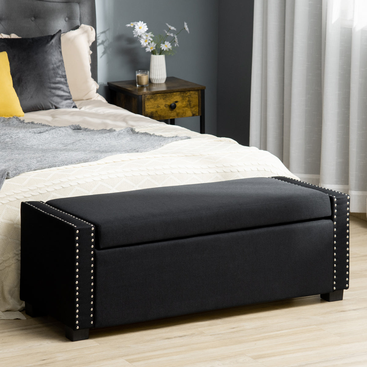 Banc de rangement rembourré gris foncé