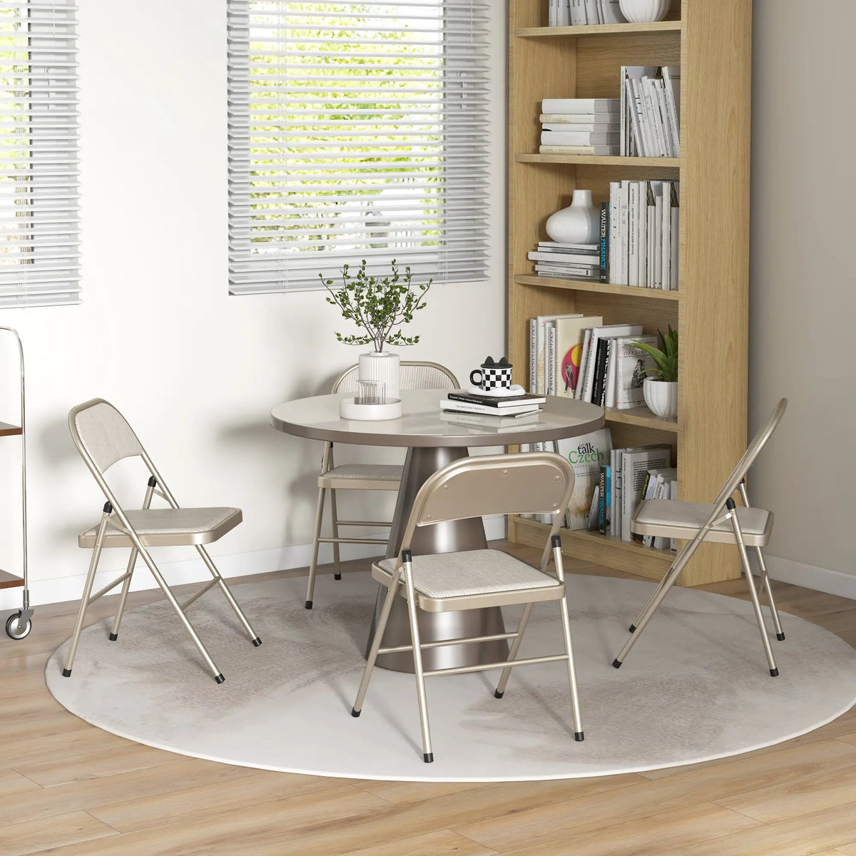 Ensemble de 4 chaises pliantes en métal, rembourrées en lin avec assise et dossier ajouré, pour l'intérieur, beige