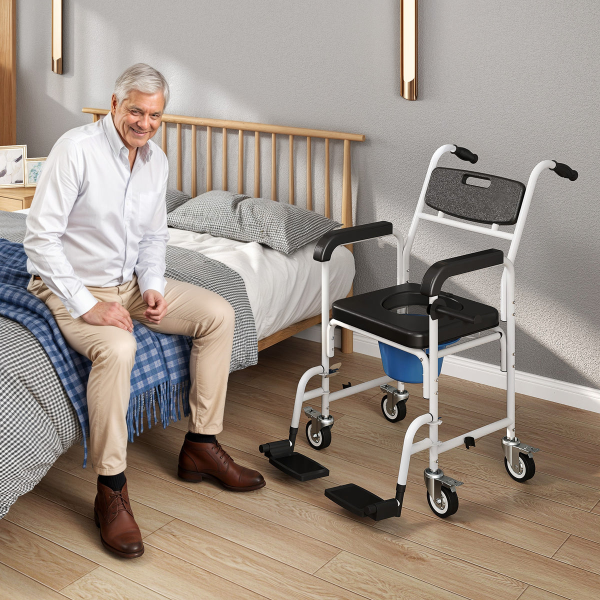 Chaise de douche roulante, chaise percée de chevet à roulettes avec dossier, accoudoirs et repose-pieds rabattables pour personnes âgées et personnes handicapées, noire
