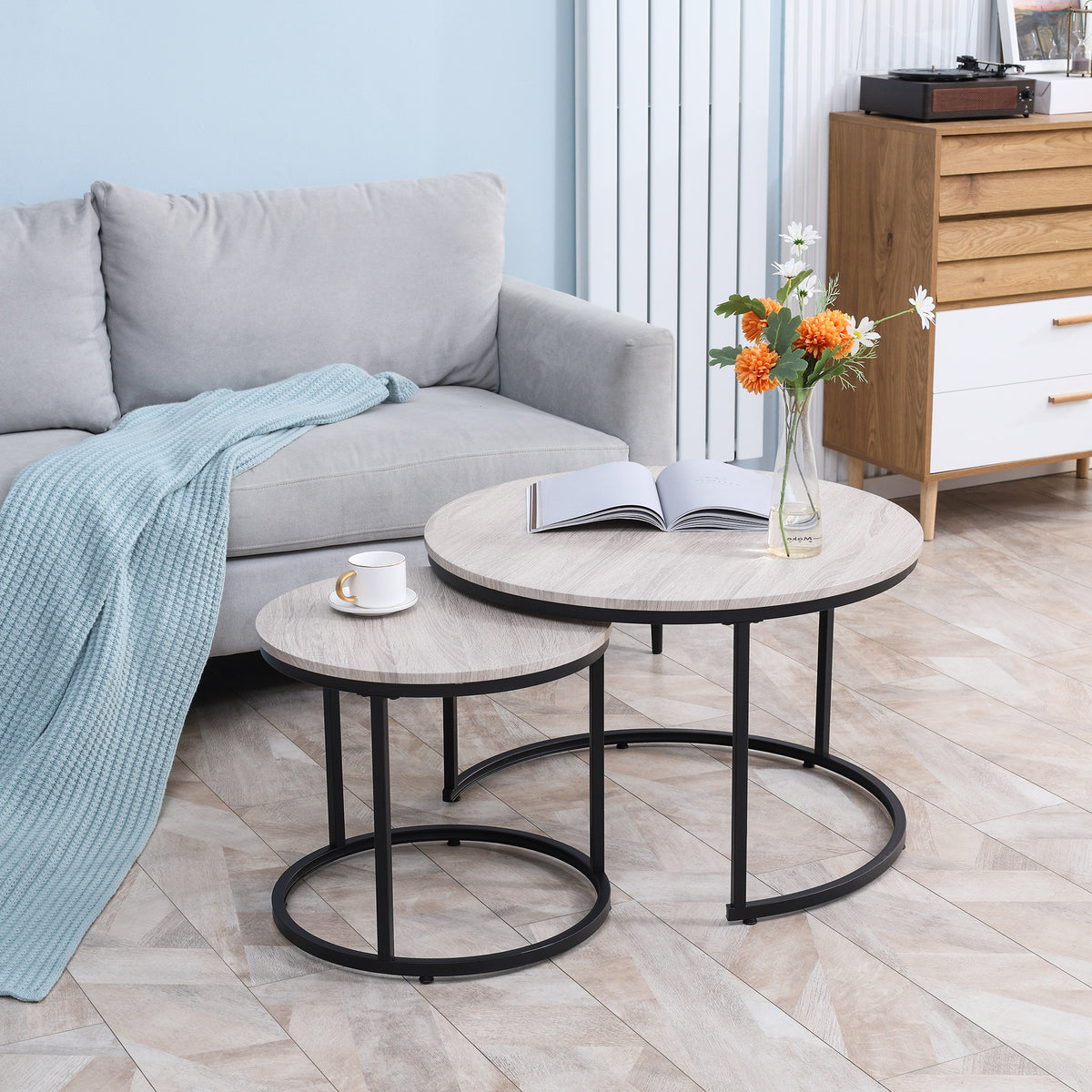 Ensemble de 2 tables basses gigognes, table basse ronde avec structure en métal, tables de salon, aspect bois gris