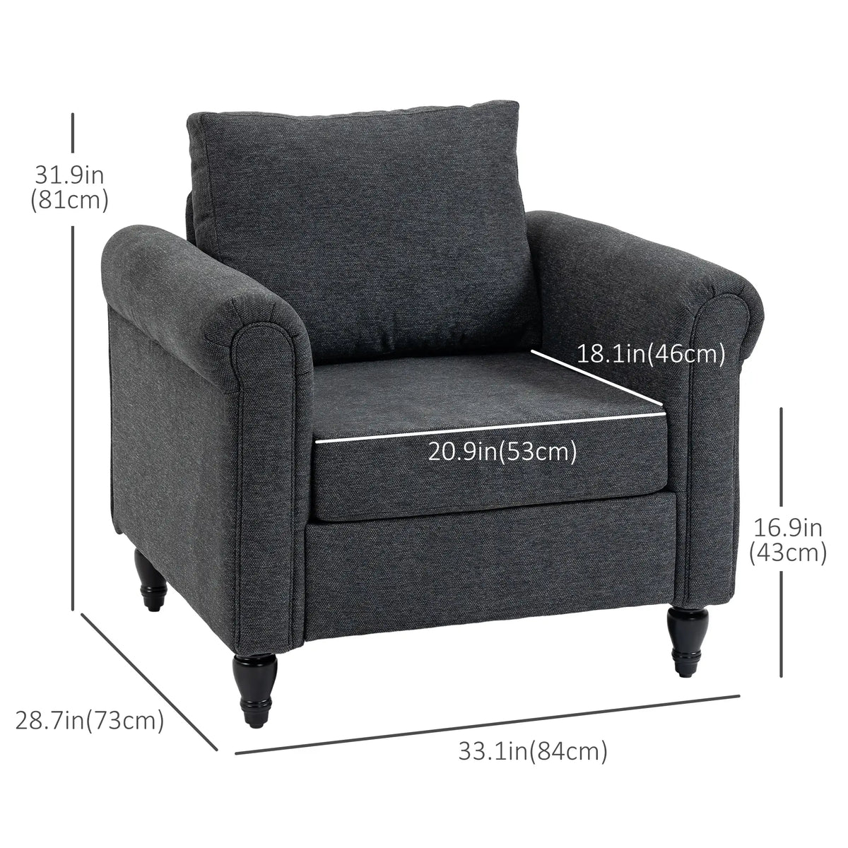 Fauteuil vintage, fauteuil d'appoint rembourré avec accoudoirs arrondis, pieds en bois d'hévéa en forme de gourde, gris foncé