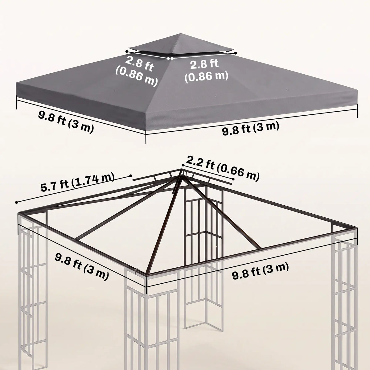 Toit de rechange pour tonnelle carrée à deux niveaux 3 m x 3 m (10 pi x 10 pi), protection solaire extérieure, gris foncé