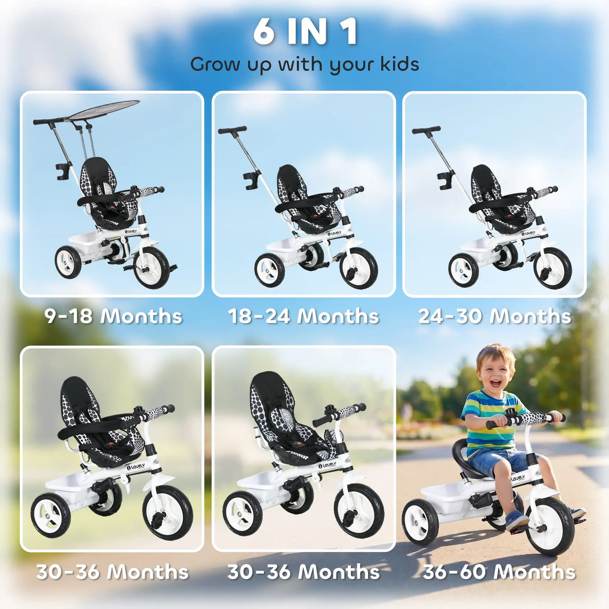Tricycle enfant 6 en 1 avec guidon et capote amovibles, blanc