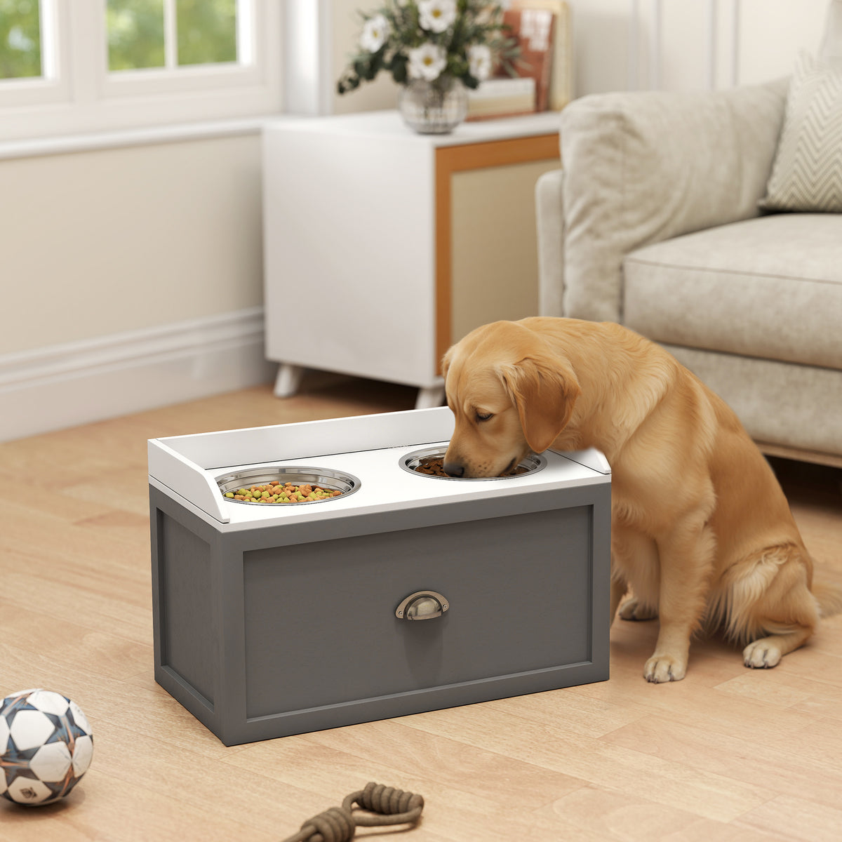 Gamelles surélevées pour chiens, station d'alimentation avec rangement, 2 gamelles en acier inoxydable, 60 x 30 x 36 cm, gris