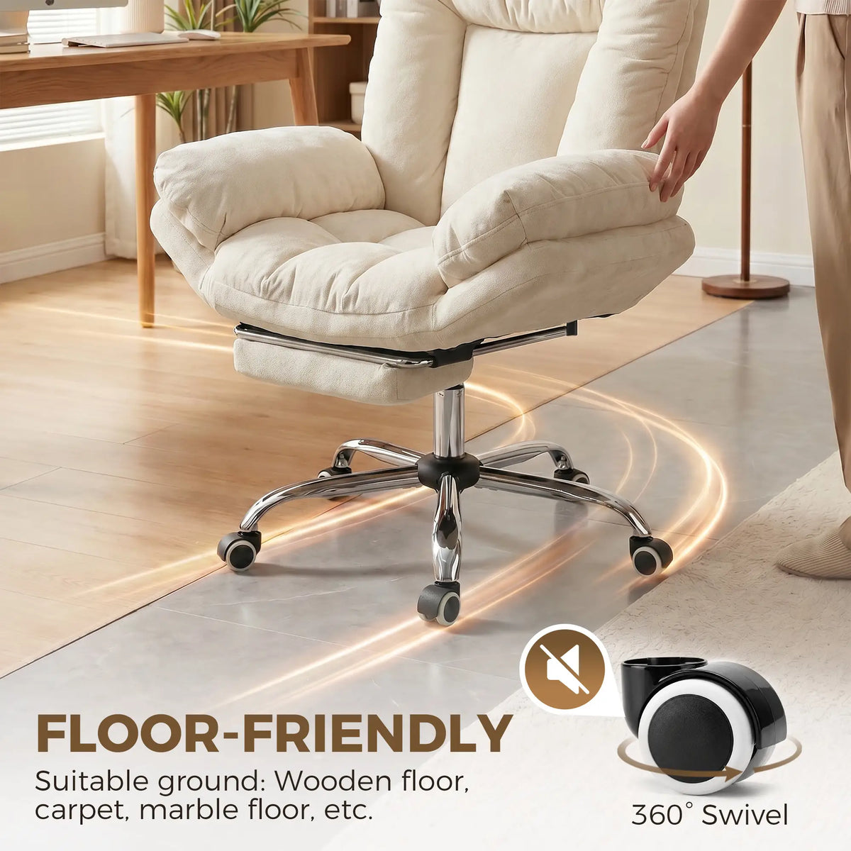 Fauteuil de bureau à roulettes, assise croisée, accoudoirs en cascade, large et rembourré, avec repose-pieds, beige