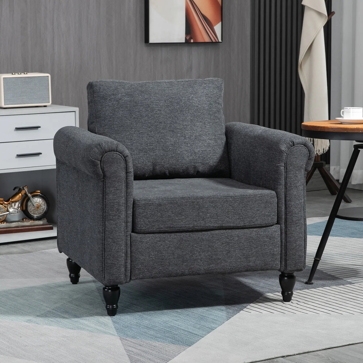 Fauteuil vintage, fauteuil d'appoint rembourré avec accoudoirs arrondis, pieds en bois d'hévéa en forme de gourde, gris foncé