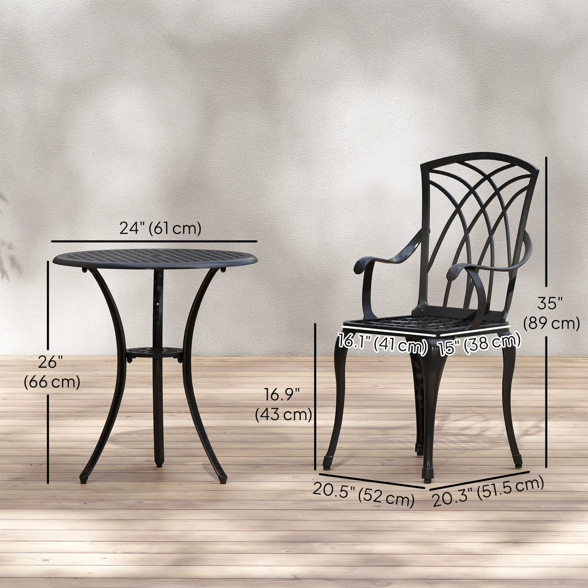 Ensemble bistro de patio 3 pièces, mobilier de conversation extérieur en aluminium moulé, table basse avec trou pour parasol, 2 fauteuils, marron